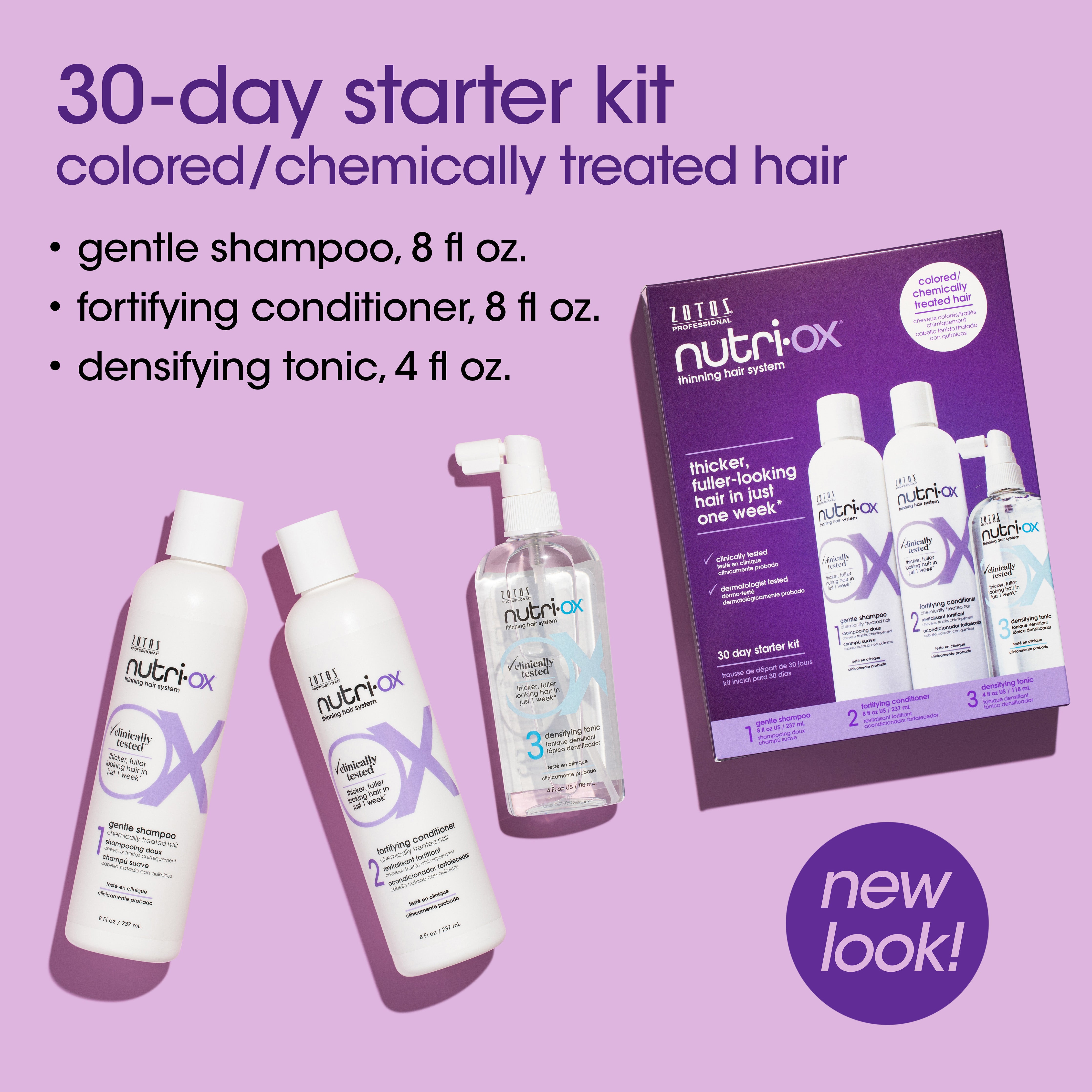 The three bottles included in the 30-day starter kit for colored/chemically treated hair. Includes: gentle shampoo, 8 fl oz, fortifying conditioner, 8 fl oz, and densifying tonic, 4 fl oz.