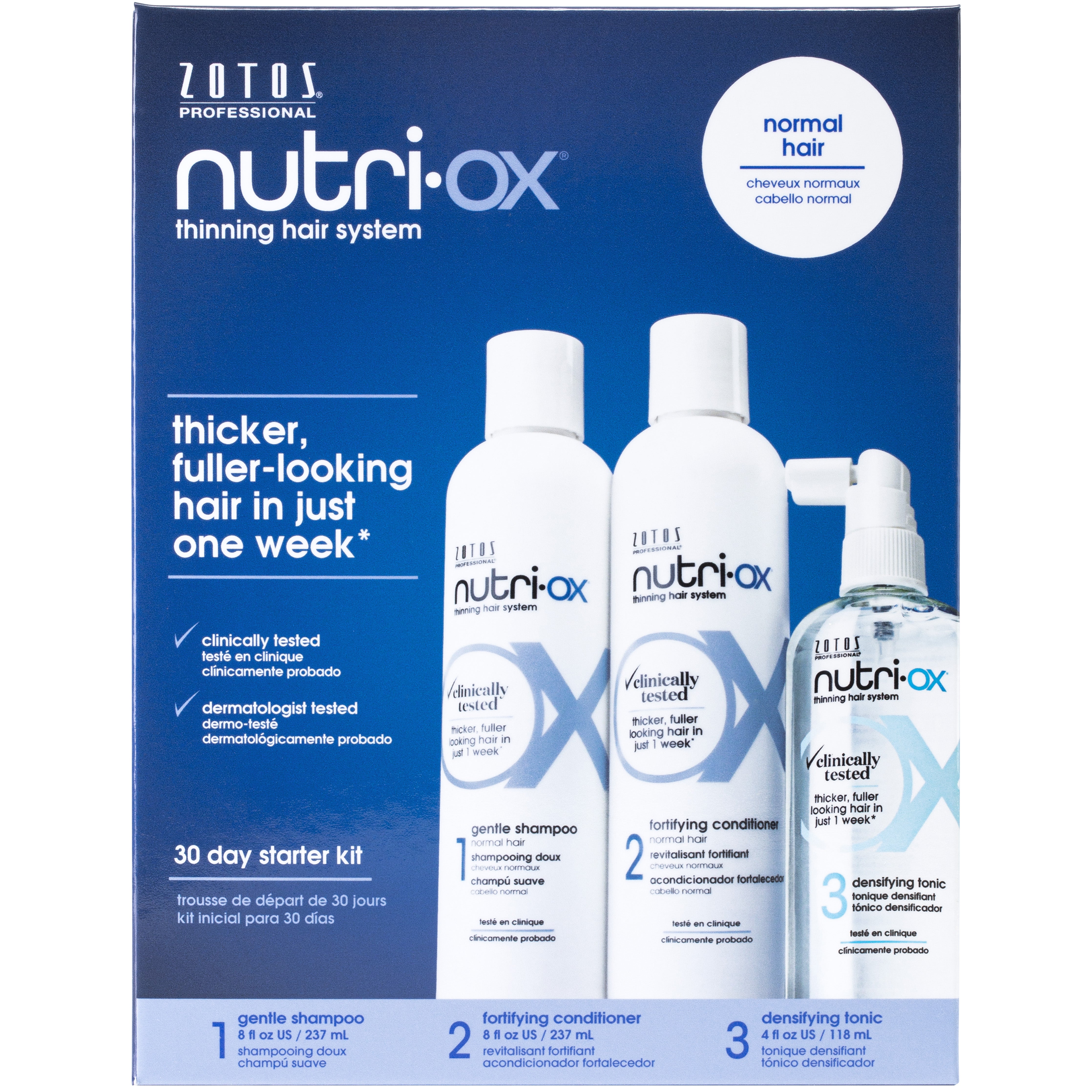 Nutri-Ox Thinning Hair System for normal hair, including: Gentle shampoo, fortifying conditioner, and densifying tonic
