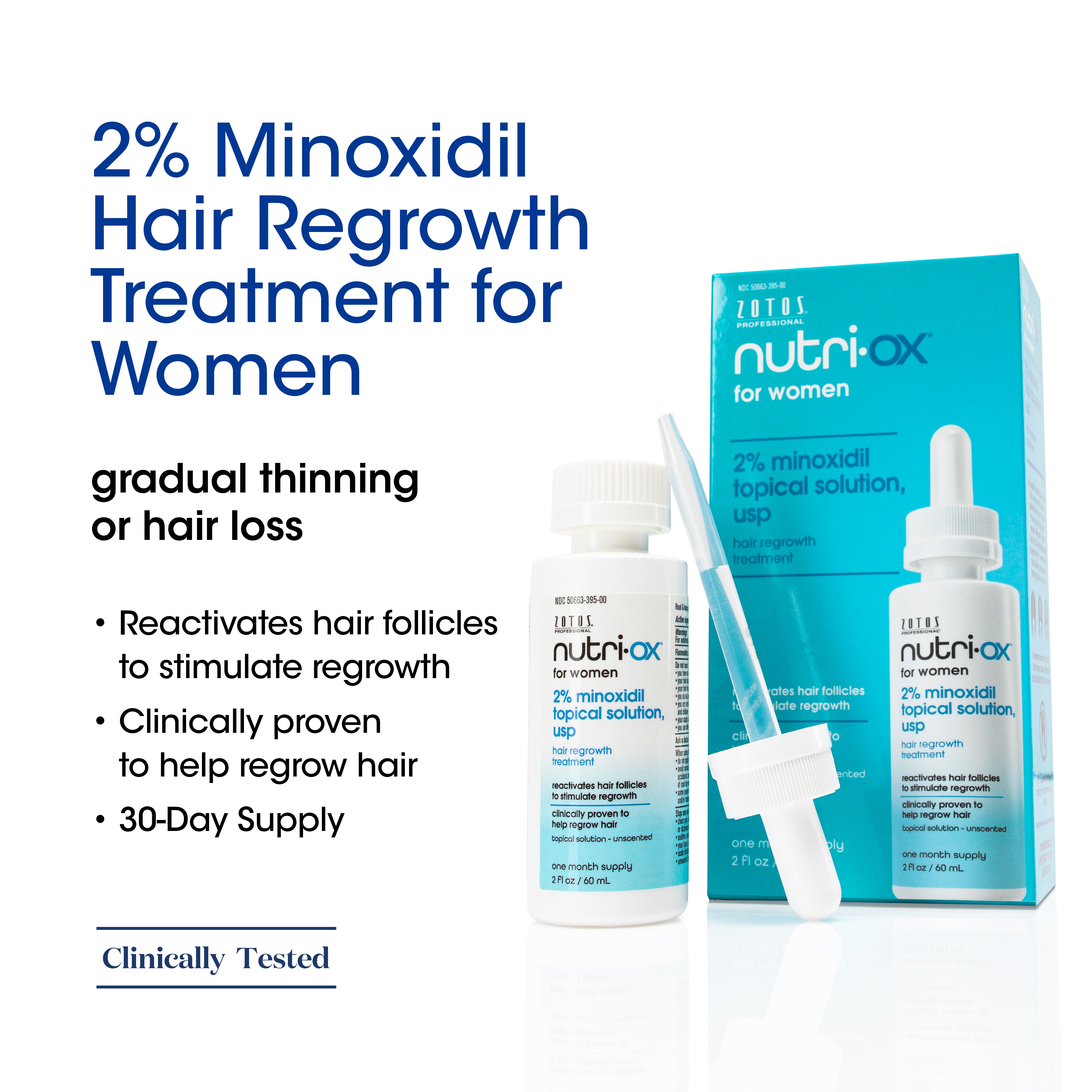 2% Minoxidil Hair Regrowth Treatment for Women. For gradual thinning or hair loss. Reactivated hair follicles to stimulate regrowth. Clinically proven to help regrow hair. 30-Day supply.
