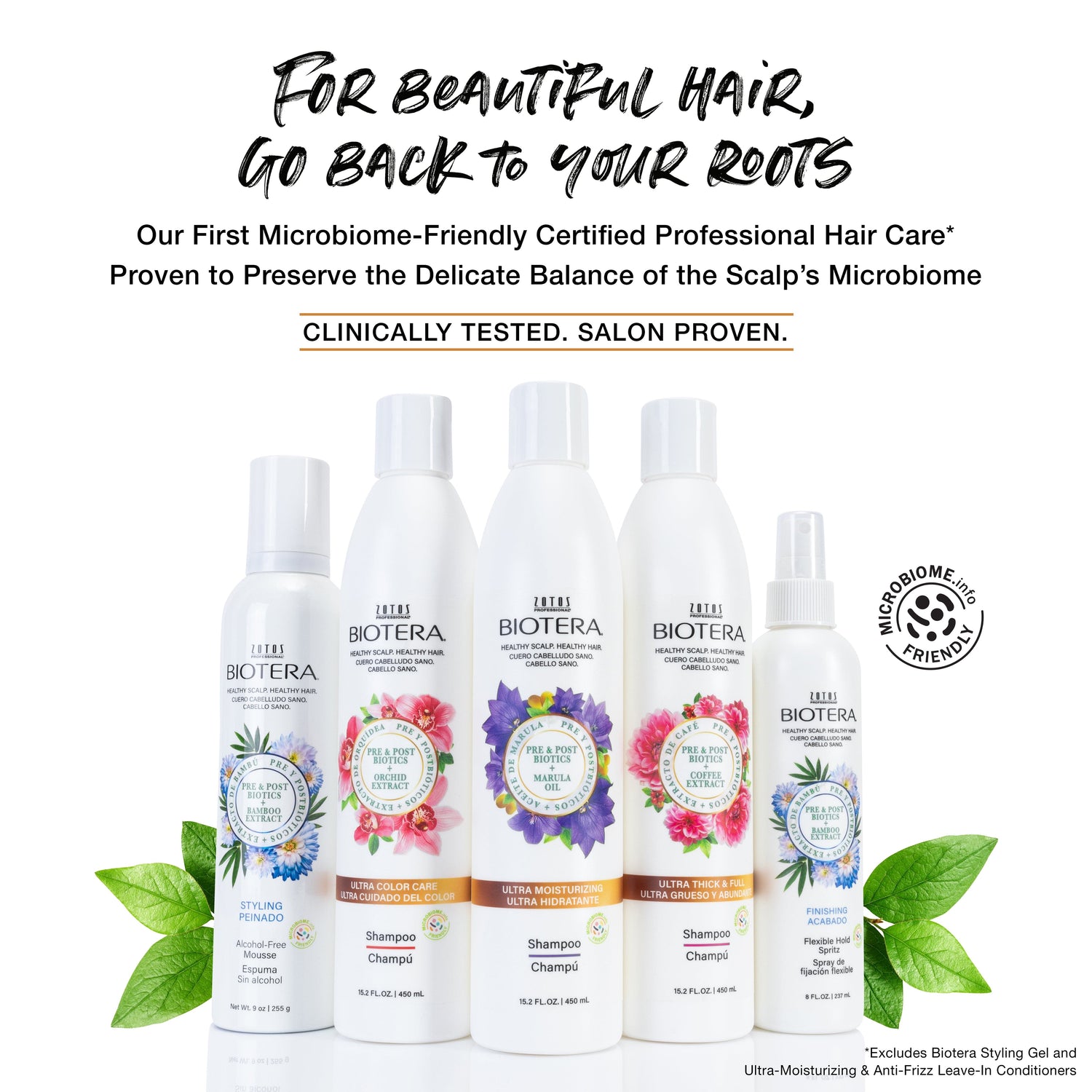 For beautiful hair, go back to your roots. Biotera is our first microbiome-friendly certified professional hair care proven to preserve the delicate balance of the scalp's microbiome. Clinically tested, salon proven. Image of shampoos, conditioners and stylers. 