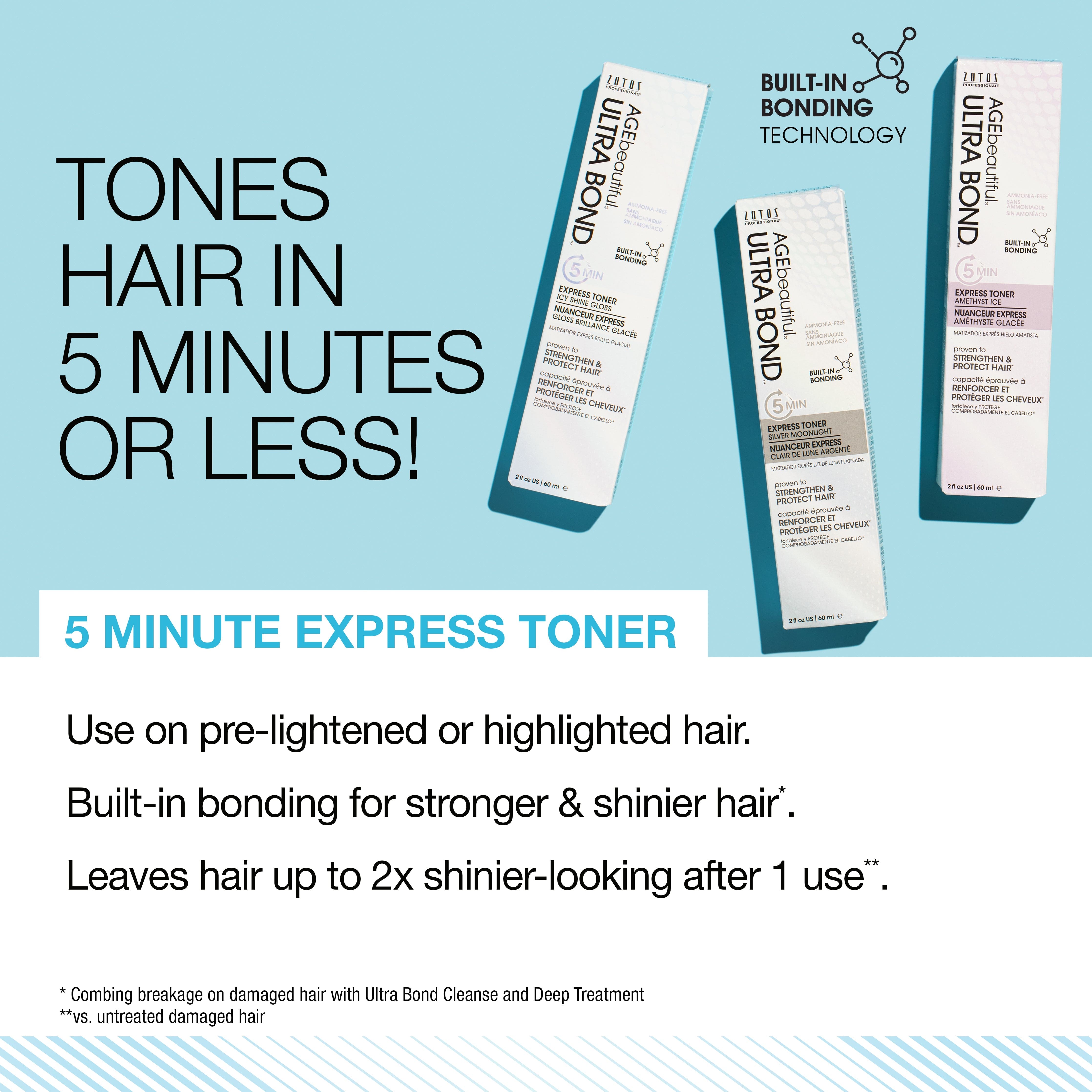 Tones hair in 5 minutes or less. Neutralizes warm tones. For cool violet-blonde results. Built-in bonding to strengthen and protect hair. Ammonia-free and formulated with Arginine, Silk Proteins and Hydrolyzed Keratin. 