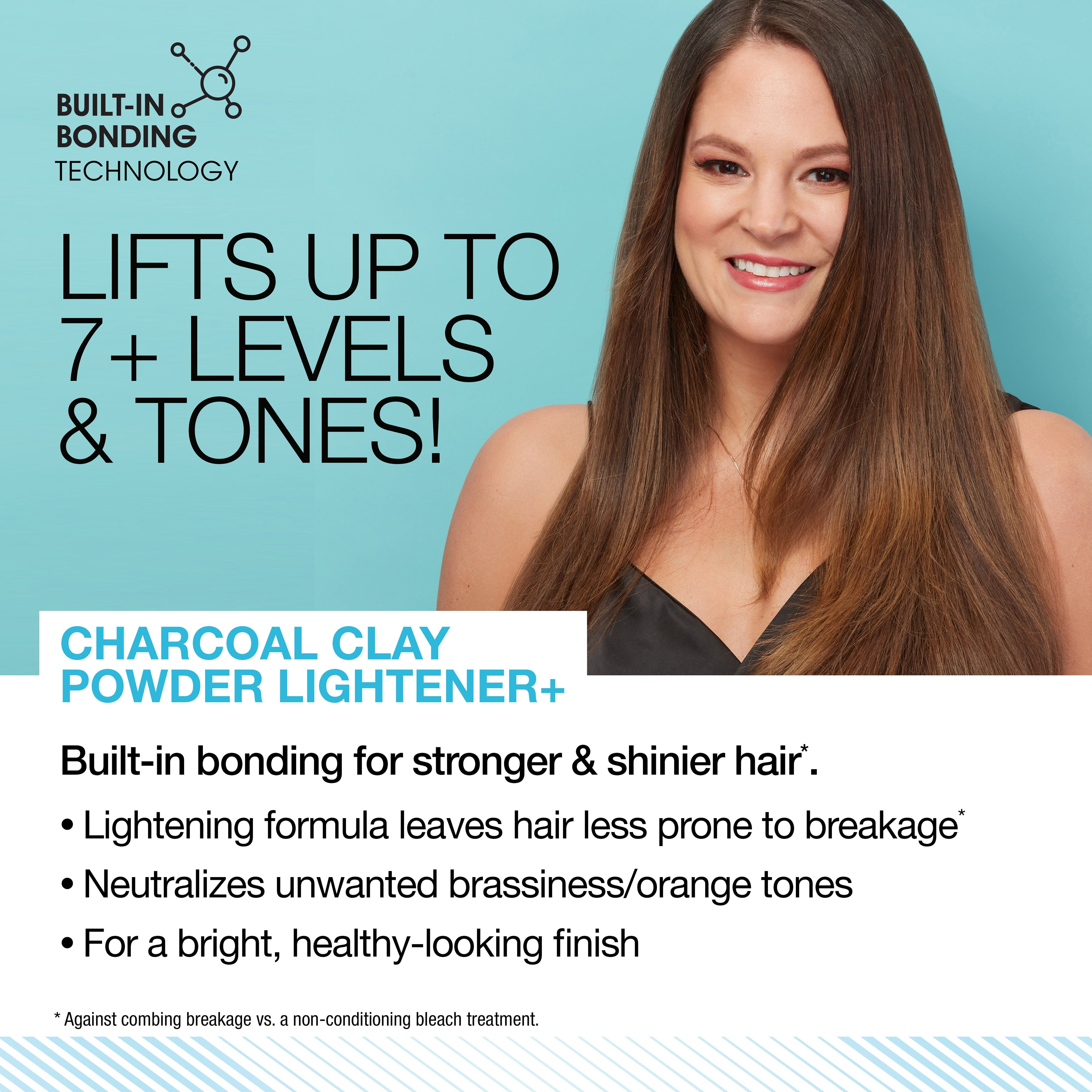 Lifts up to 7+ levels and tones. Built-in bonding for stronger and shinier hair. Lightening formula leaves hair less prone to breakage (against combining breakage vs. a non-conditioning bleach treatment). Neutralizes unwanted brassiness/orange.