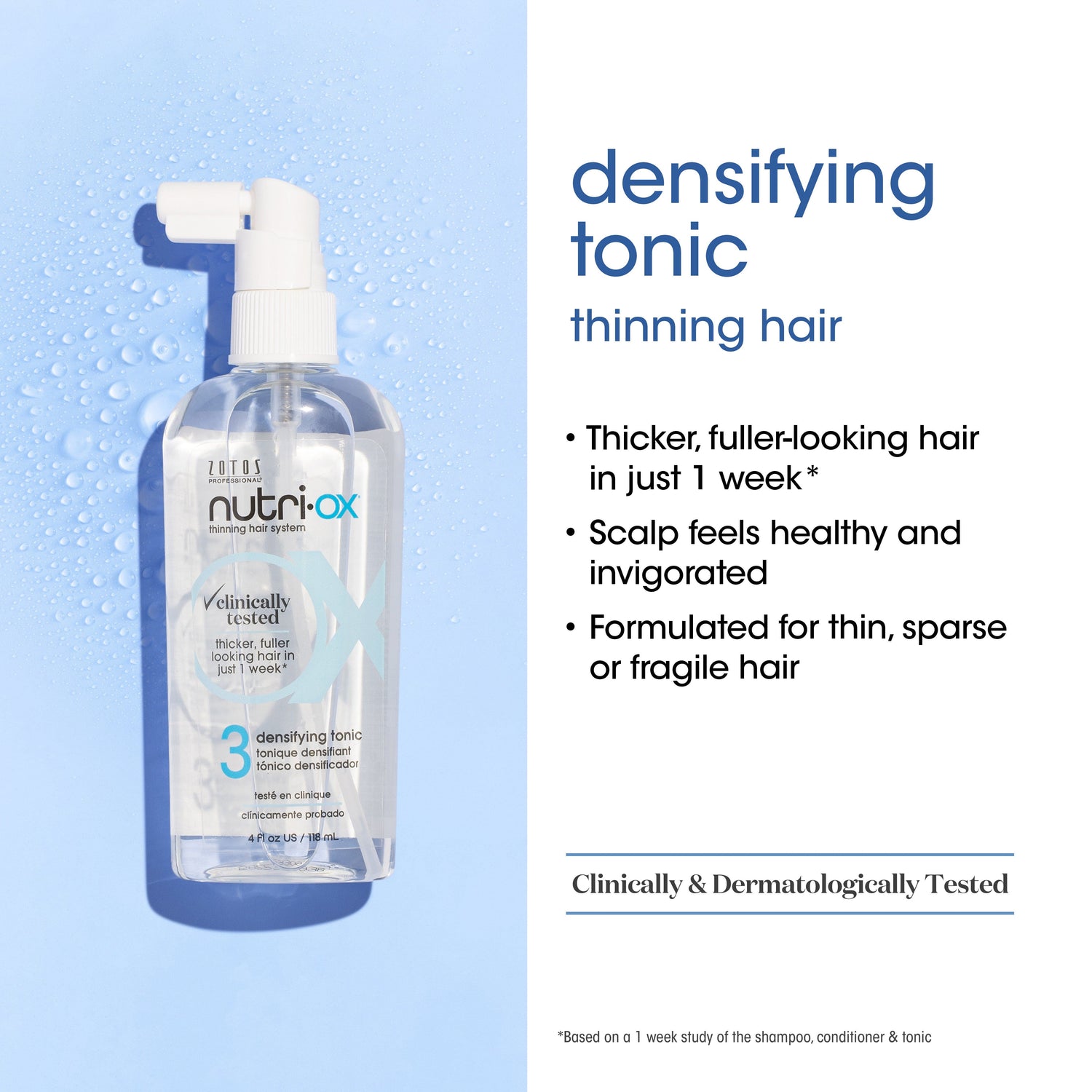 Densifying tonic for thinning hair. Thicker, fuller-looking hair in just 1 week, scalp feels healthy and invigorated, formulated for thin, sparse or fragile hair.